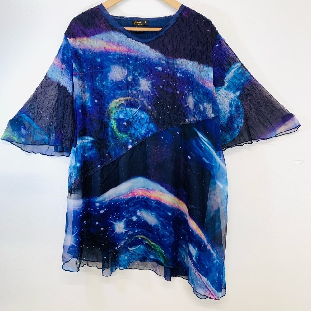 Jerry T Bouse Top Woman 3X  Purple Celestial Print Sheer Lined Flare Sleeve Boho